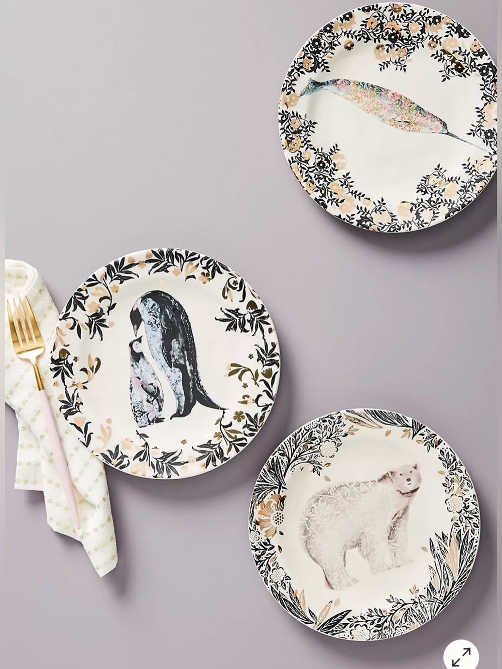 Anthropologie Josie Shenoy “Arktikos” 3 Piece Plate Set Bear, Penguin & Narwhal